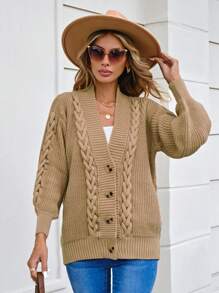 EURMUSE Cable Knit Drop Shoulder Cardigan - Brown - View 7