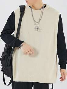 Men Solid Round Neck Sweater Vest Without Tee - Apricot - View 4