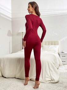 素色雞心領口保暖內衣套裝 - 酒紅色 - 查看 2