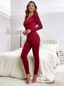 素色雞心領口保暖內衣套裝 - 酒紅色 - 查看 3
