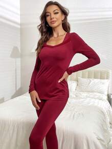 素色雞心領口保暖內衣套裝 - 酒紅色 - 查看 4