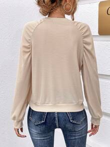 SHEIN LUNE Áo nỉ tay raglan trơn, kiểu dệt waffle, thích hợp mặc mùa thu. - Màu Khaki - Xem 2