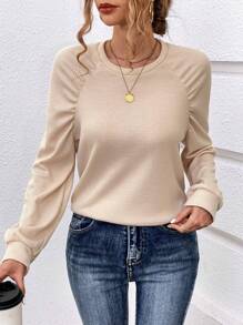 SHEIN LUNE Áo nỉ tay raglan trơn, kiểu dệt waffle, thích hợp mặc mùa thu. - Màu Khaki - Xem 5