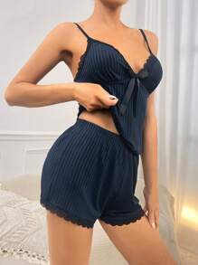 Conjunto de pijama shorts con top de tirantes con encaje en contraste con lazo delantero - azul real - Ver 5