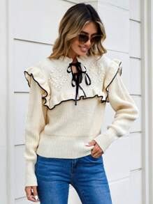 EURMUSE Tie Neck Ruffle Trim Jumper - Beige - View 5