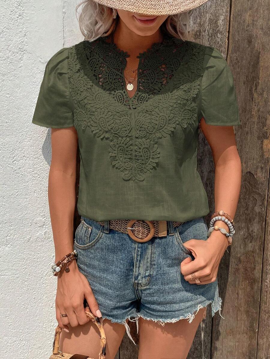 SHEIN LUNE Bảng điều khiển ren Guipure Đường viền cổ có rãnh Ống tay áo Áo sơ mi - xanh quân đội - Xem 1