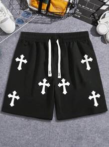 Manfinity EMRG 男士宽松交叉印花抽绳腰夏季短裤外出街头装超大抽绳短裤，适合丈夫、男友礼物 - 黑色 - 查看 3