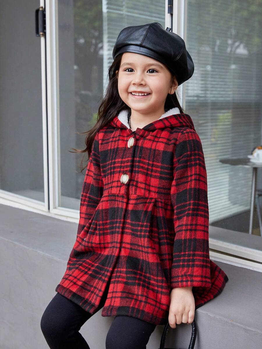 SHEIN Young Girl Plaid Print Hooded Overcoat for Christmas