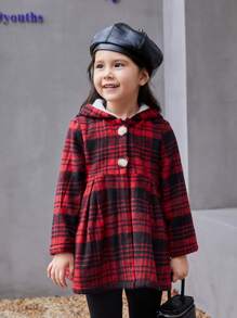 SHEIN Young Girl Plaid Print Hooded Overcoat for Christmas