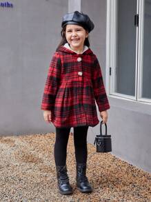SHEIN Young Girl Plaid Print Hooded Overcoat for Christmas
