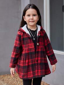 SHEIN Young Girl Plaid Print Hooded Overcoat for Christmas