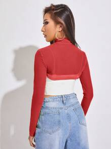 SHEIN BAE Mock-neck Super Crop Mesh Top - Red - View 2