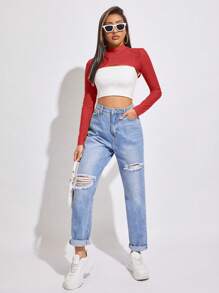 SHEIN BAE Mock-neck Super Crop Mesh Top - Red - View 3