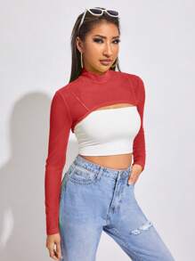 SHEIN BAE Mock-neck Super Crop Mesh Top - Red - View 4