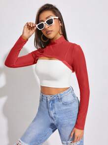 SHEIN BAE Mock-neck Super Crop Mesh Top - Red - View 5