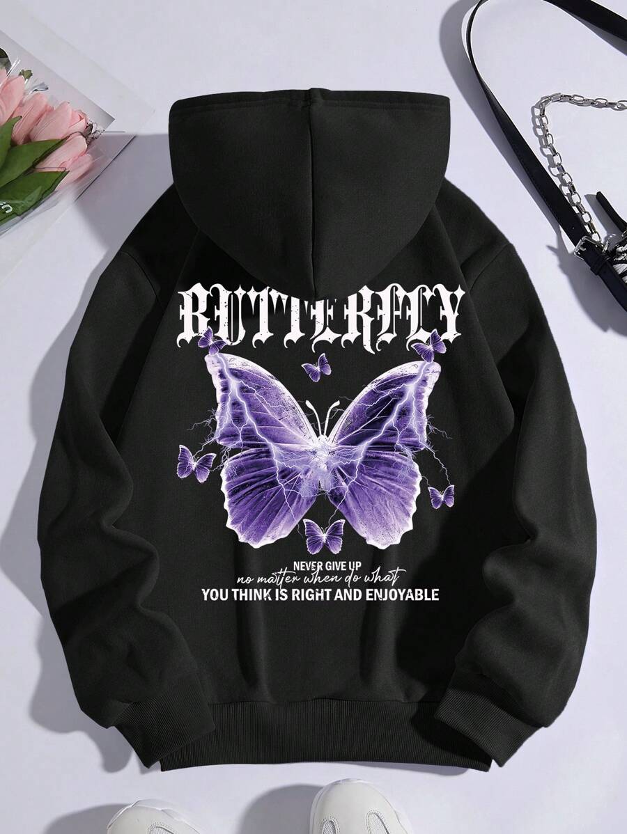 SHEIN EZwear Plus Butterfly & Slogan Graphic Pocket Drawstring Thermal Hoodie BUTTERFLY NEVER GIVE UP No Matter When Do What YOU THINK IS RIGHT AND ENJOYABLE, For Winter Fall Cloth For Women Autumn