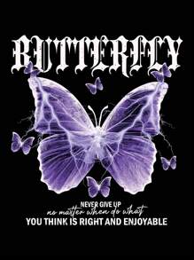 SHEIN EZwear Plus Butterfly & Slogan Graphic Pocket Drawstring Thermal Hoodie BUTTERFLY NEVER GIVE UP No Matter When Do What YOU THINK IS RIGHT AND ENJOYABLE, For Winter Fall Cloth For Women Autumn