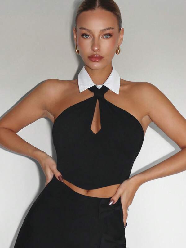 COSMINA Contrast Collar Cut Out Crop Halter Top