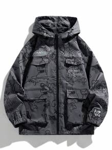 休閒抽繩 口袋 拉鍊字母男士外套 - 深灰色 - 查看 1