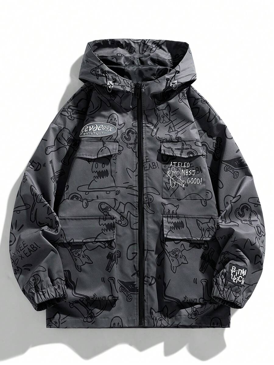 休閒抽繩 口袋 拉鍊字母男士外套 - 深灰色 - 查看 1