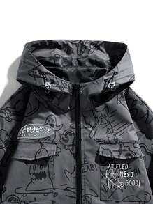 休閒抽繩 口袋 拉鍊字母男士外套 - 深灰色 - 查看 5