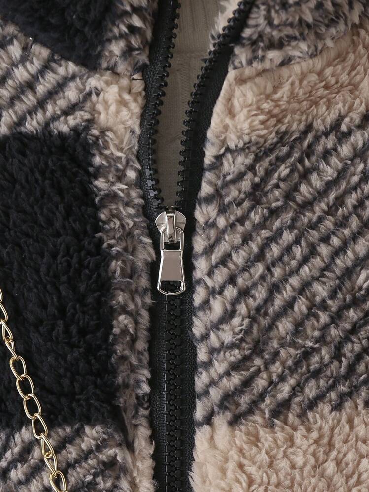 SHEIN Chica preadolescente 1 pieza Abrigo teddy con estampado de cuadros - Negro - Añade 5