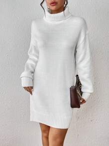 SHEIN Clasi Turtleneck Drop Shoulder Sweater Dress Without Belt - White - View 3