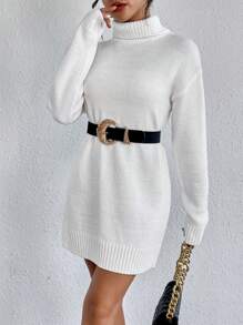 SHEIN Clasi Turtleneck Drop Shoulder Sweater Dress Without Belt - White - View 5