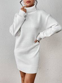 SHEIN Clasi Turtleneck Drop Shoulder Sweater Dress Without Belt - White - View 7