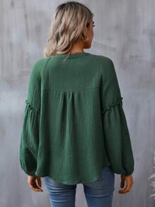 SHEIN LUNE Blusa de manga farol con escote entallado, informal - Verde - Ver 3