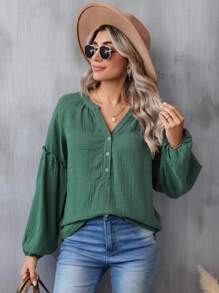 SHEIN LUNE Blusa de manga farol con escote entallado, informal - Verde - Ver 4