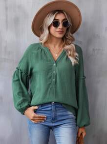 SHEIN LUNE Blusa de manga farol con escote entallado, informal - Verde - Ver 5