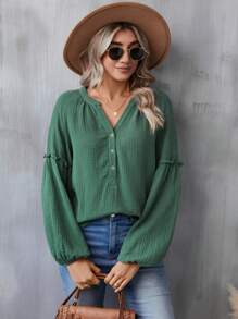 SHEIN LUNE Blusa de manga farol con escote entallado, informal - Verde - Ver 6