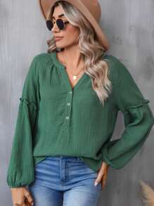 SHEIN LUNE Blusa de manga farol con escote entallado, informal - Verde - Ver 7