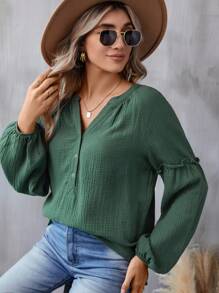 SHEIN LUNE Blusa de manga farol con escote entallado, informal - Verde - Ver 8