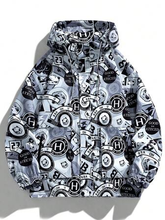 Jachetă cu glugă cu fermoar și imprimeu pentru bărbați