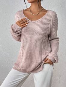 SHEIN Essnce Crisscross Back Drop Shoulder Cable Knit Sweater - Dusty Pink - View 3
