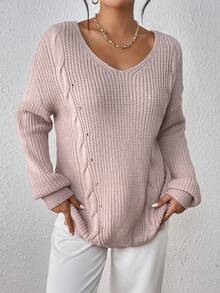 SHEIN Essnce Crisscross Back Drop Shoulder Cable Knit Sweater - Dusty Pink - View 4