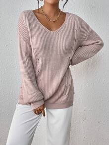 SHEIN Essnce Crisscross Back Drop Shoulder Cable Knit Sweater - Dusty Pink - View 6