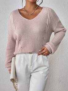 SHEIN Essnce Crisscross Back Drop Shoulder Cable Knit Sweater - Dusty Pink - View 7