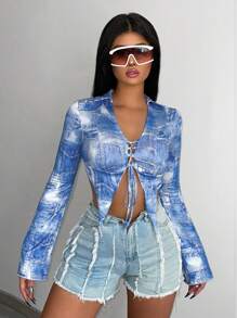 SHEIN Unity Denim-Effect Print Lace Up Front Asymmetrical Hem Crop Top - Blue - View 1