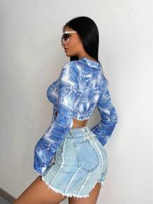 SHEIN Unity Denim-Effect Print Lace Up Front Asymmetrical Hem Crop Top - Blue - View 3