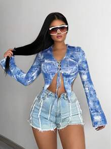 SHEIN Unity Denim-Effect Print Lace Up Front Asymmetrical Hem Crop Top - Blue - View 5