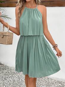 SHEIN Frenchy Chất rắn Viền xếp Buộc lại Đầm - màu xanh lá - Xem 4