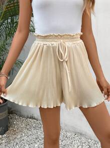 SHEIN Frenchy Nếp gấp cao eo Nút phía trước Ren Mộc nhĩ Quần short - Màu be - Xem 1