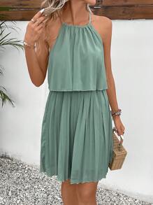 SHEIN Frenchy Chất rắn Viền xếp Buộc lại Đầm - màu xanh lá - Xem 5