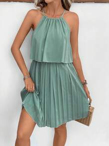 SHEIN Frenchy Chất rắn Viền xếp Buộc lại Đầm - màu xanh lá - Xem 6