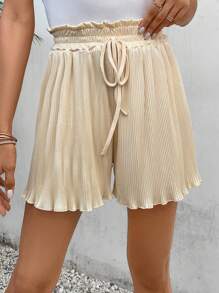 SHEIN Frenchy Nếp gấp cao eo Nút phía trước Ren Mộc nhĩ Quần short - Màu be - Xem 4