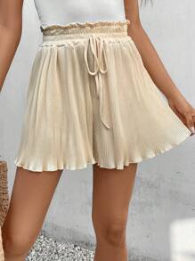 SHEIN Frenchy Nếp gấp cao eo Nút phía trước Ren Mộc nhĩ Quần short - Màu be - Xem 5