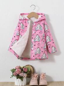 SHEIN Baby Girl Heart & Unicorn Print Teddy Lined Hooded Coat - Multicolor - View 1